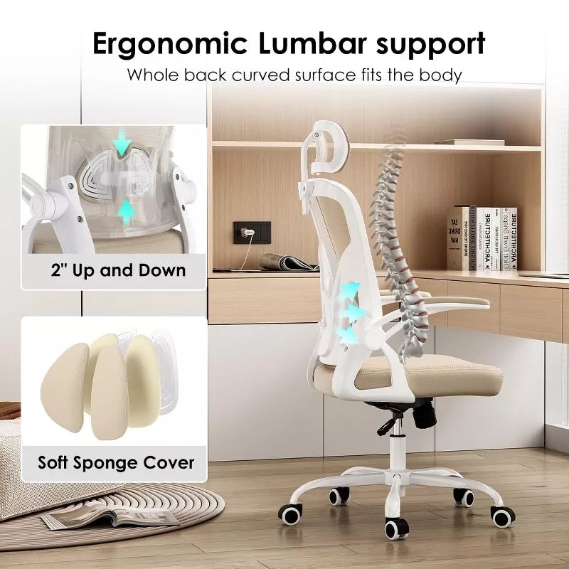 Bencmate Task and Office Chairs, Ergonomic Office Chair, Home Office Desk Chair with Headrest, Beige, 23.43"*23.43"*56.69"