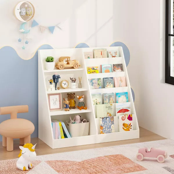 Kids Bookshelf and Toy Storage Organizer, Multifunctional 4 Tier Wooden Kids Book Shelf with Bookcase Display Stand in Kids Room Playroom Nursery