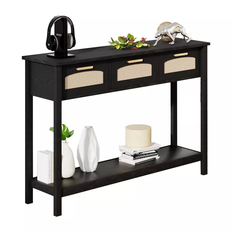 Glasflength Decorative Storage Cabinets, Mid Century End Table with Drawer, Living Room Rattan Storage Table, Kitchen Cabinet, Black 47.2"*11.8"*32.1"