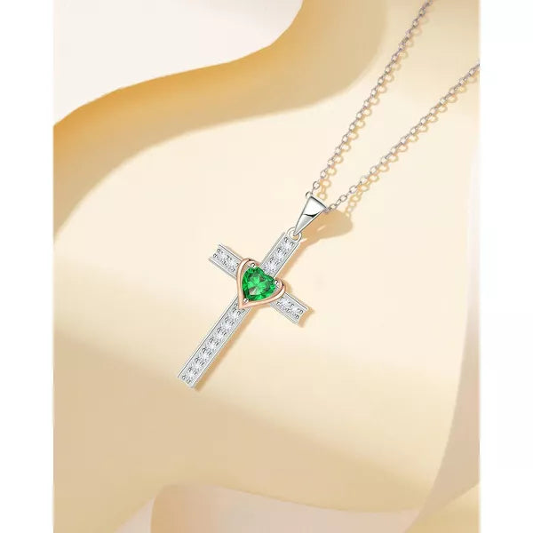 Molenia Birthstone Cross Necklace for Women, 925 Sterling Silver Heart Cross Pendant Necklace Fine Cross Jewelry Birthday Gifts for Her 18"+4" Inches