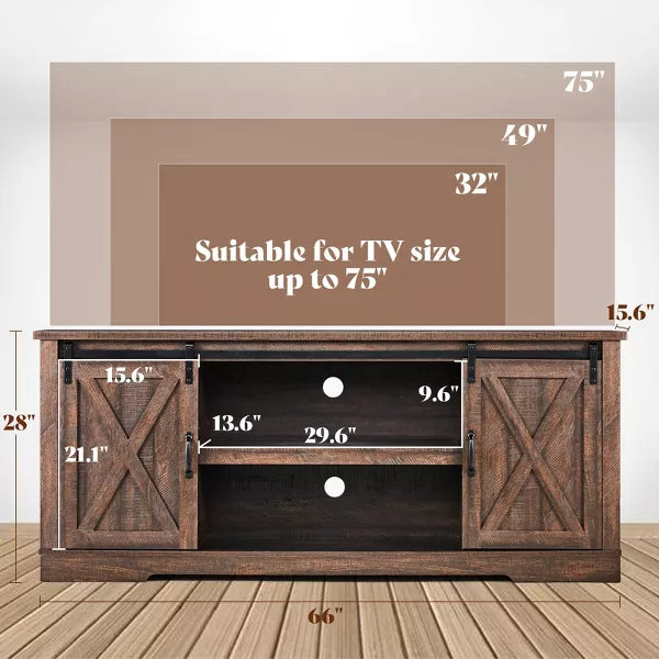 AMERLIFE 66" Farmhouse TV Stand for 75 Inches TVs, Entertainment Center with Sliding Barn Door