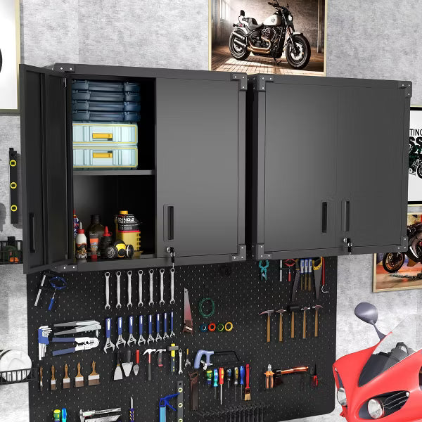 Munora - 2-Door Metal Wall Cabinet with Adjustable Shelves - Lockable Tool Storage for Garage/Utility Room - Black