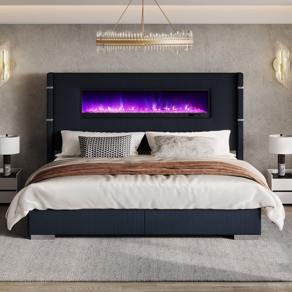 AMERLIFE Modern Bed Frame with Fireplace, Wingback Platform Bed Frame with 60.4“ Extra Tall Headboard