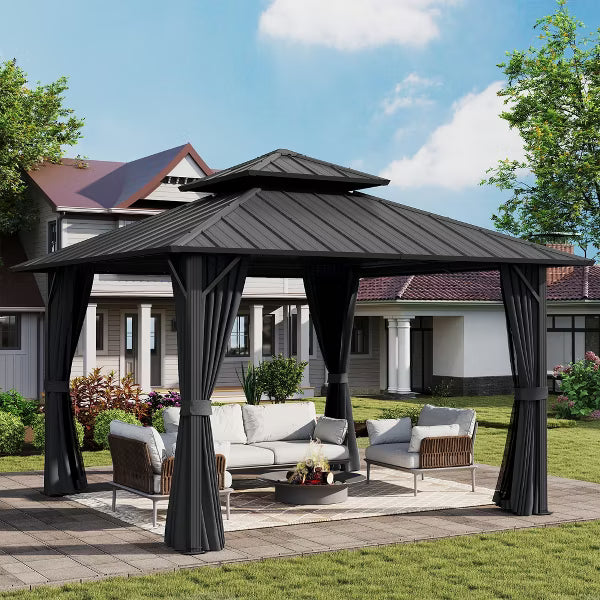 HAPPATIO Outdoor Hardtop Gazebo, Double Galvanized Steel Roof Gazebo with Aluminum Frame, Curtains and Netting