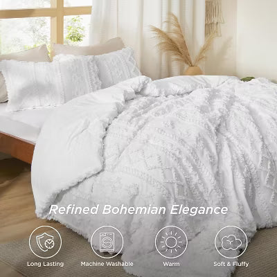 3Pcs Tufted Boho Farmhouse Shabby Chic Embroidery Bright White Queen Size Comforter Set - Bedsure