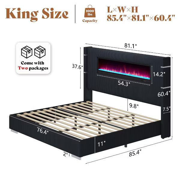 AMERLIFE Modern Bed Frame with Fireplace, Wingback Platform Bed Frame with 60.4“ Extra Tall Headboard