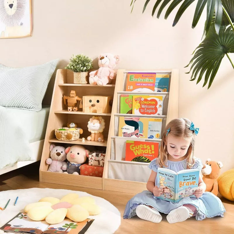 FONTOI Kids Bookshelf for Kids Rooms, 4 Tier Sling Bookcase Baby Toy Organizer Toddler Nursery Book Shelves, Brown, 35.4"x 15.7" x 31.5"