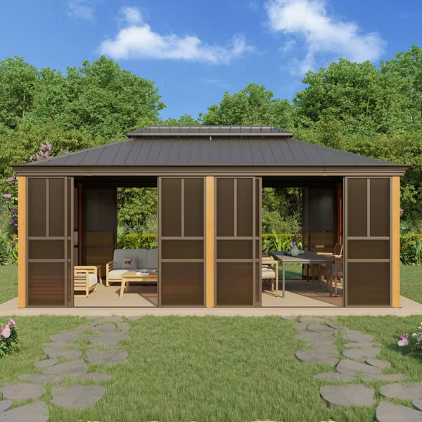 EROMMY 20 Ft. W X 12 Ft. D Outdoor Hardtop Gazebo, Double Top Galvanized Steel Roof Aluminum Sunroom