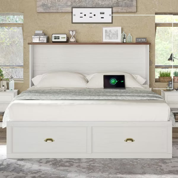 AMERLIFE Murphy Bed, Cabinet Bed Frame with Charging Station and Storage Drawer