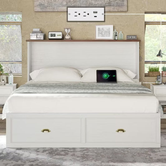 AMERLIFE Murphy Bed, Cabinet Bed Frame with Charging Station and Storage Drawer