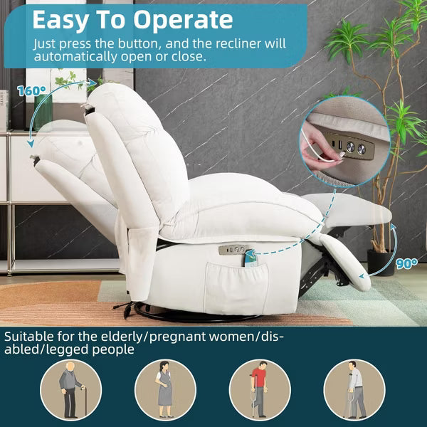 DYHOME Swivel Power Recliner Chair, Massage Rocker Recliners with Heated ,USB, USB-C and Side Pocket - White