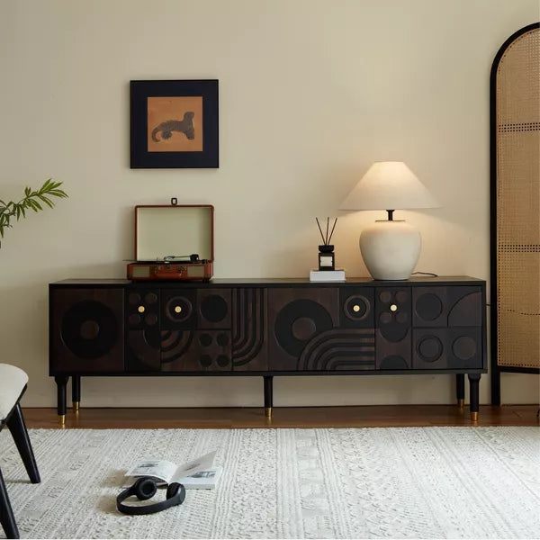 LOVSON 70.8'' Mid-Century TV Stand with 4 Cabinet Storage Multimedia Console, Wood Entertainment Center for 55+ Inch TV, Living Room,Black