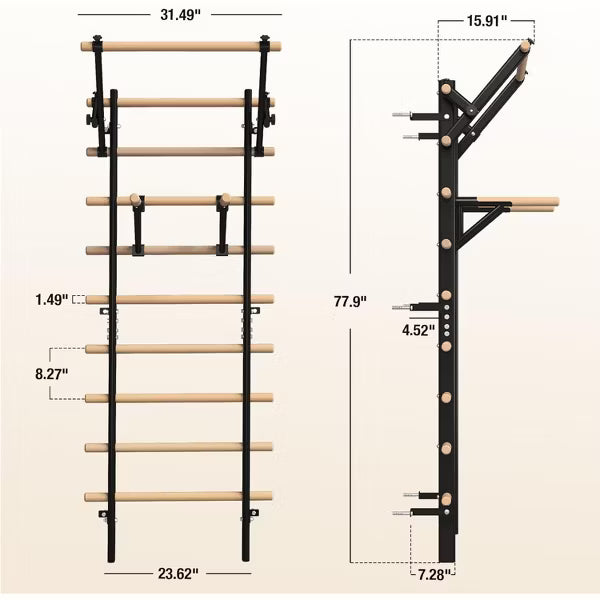 Swedish Ladder Wood Stall Bar, Suspension Trainer with Pull-Up Bar and Dip Bar Attachments, Wooden Stall Bar with 9 Strategic Rods