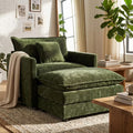 Comfy Deep Single Seat Chenille Sofa with Movable Ottoman, Modern Upholstered Reading Accent Chair & Footstool Set, Dark Green
