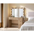 AMERLIFE Makeup Vanity Desk with Mirror & LED Lights, Drawers, Tempered Glass Top, Charging Station, Modern Bedroom Dressing Table