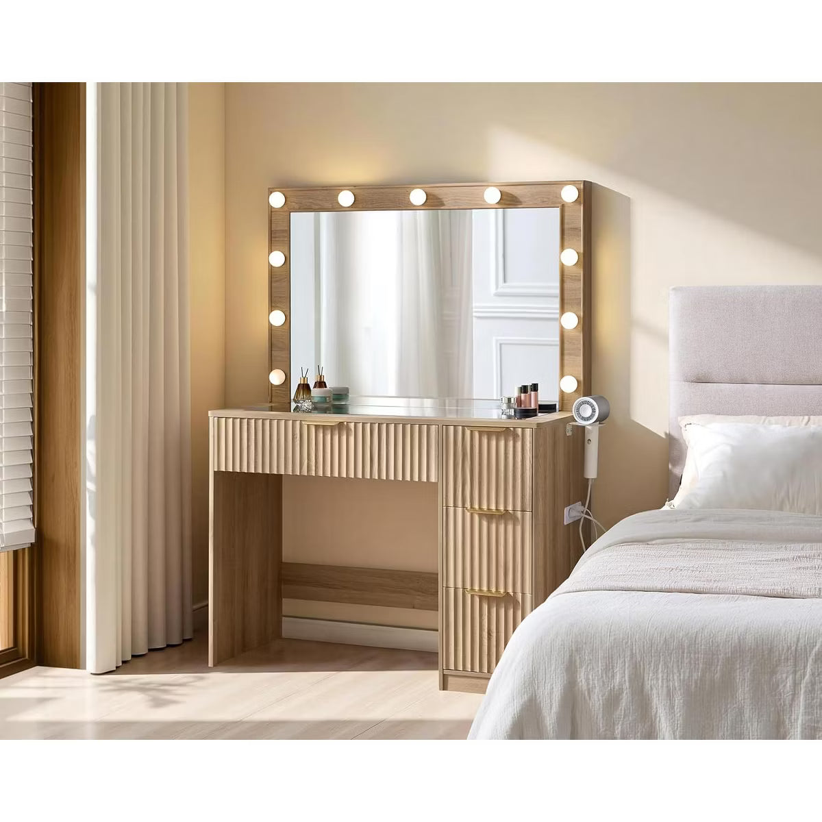 AMERLIFE Makeup Vanity Desk with Mirror & LED Lights, Drawers, Tempered Glass Top, Charging Station, Modern Bedroom Dressing Table