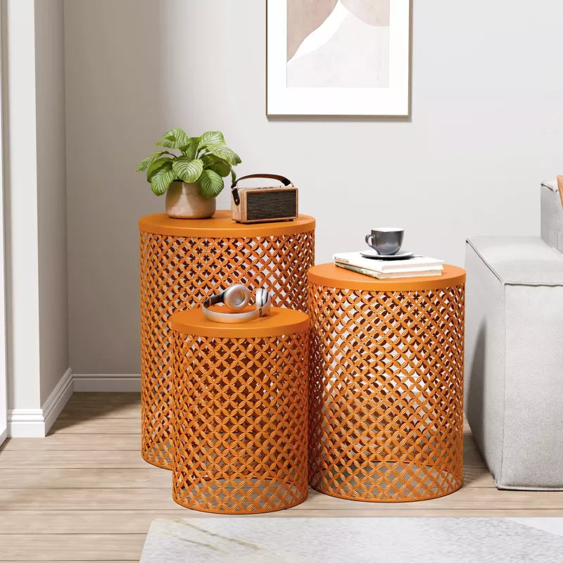 GlasFlength Patio End Tables, 2PCS Modern Cutout Patio Accent Table, Iron Side Table Weather Resistant, Iron Frame Patio Furniture, Orange 14.5"