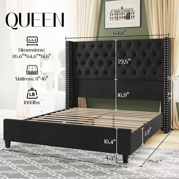 AMERLIFE Bed Frame with Deep Button Tufted and Velvet Wingback Headboard,No Box Spring Needed