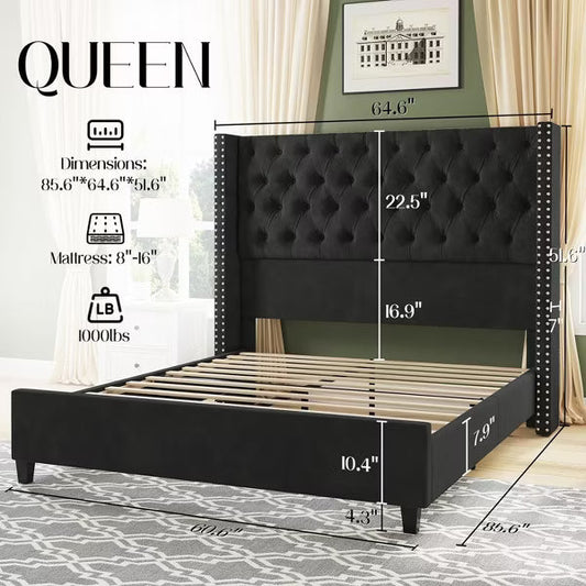 AMERLIFE Bed Frame with Deep Button Tufted and Velvet Wingback Headboard,No Box Spring Needed