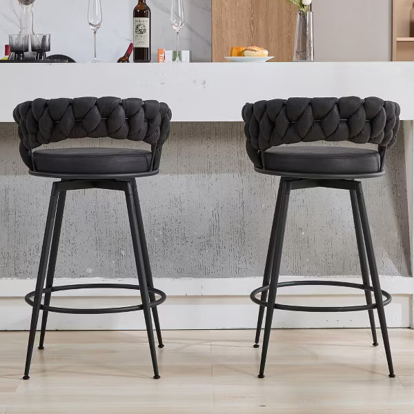 DYHOME Swivel Bar Stools Set of 2, 24" Counter Height Kitchen Stools with Back, Suede & Woven Backrest, 360 Roating Metal Frame Barstools
