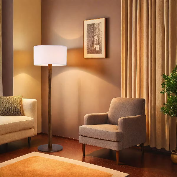 61" Modern Walnut Wood Column Floor Lamp with White Linen Drum Shade for Living Room, Bedroom, Office, Study, Hallway & Entryway