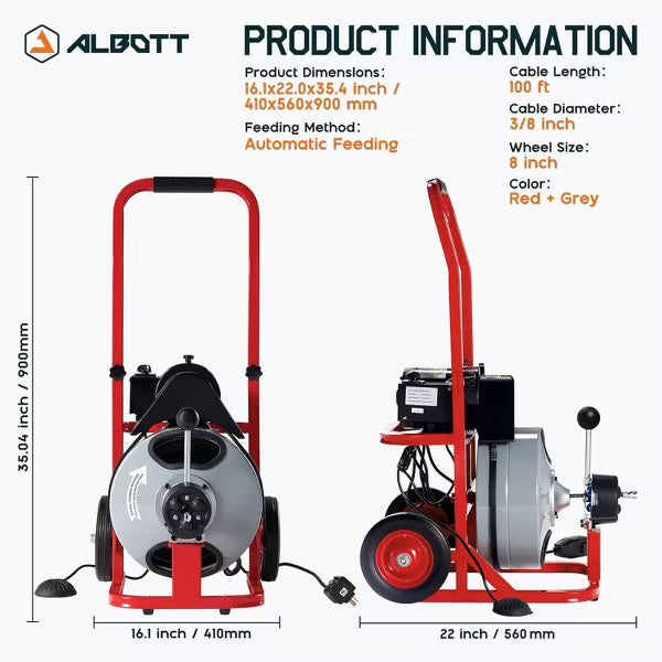 AMERLIFE Electric Drain Cleaner Machine with Auto-Feed & 10 Cutters, Sewer Snake Auger