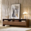 AMERLIFE 70" Modern Wood TV Stand with Curved Design & 2 Storage Cabinets, for TVs Up to 80", Media Console Entertainment Center for Living Room