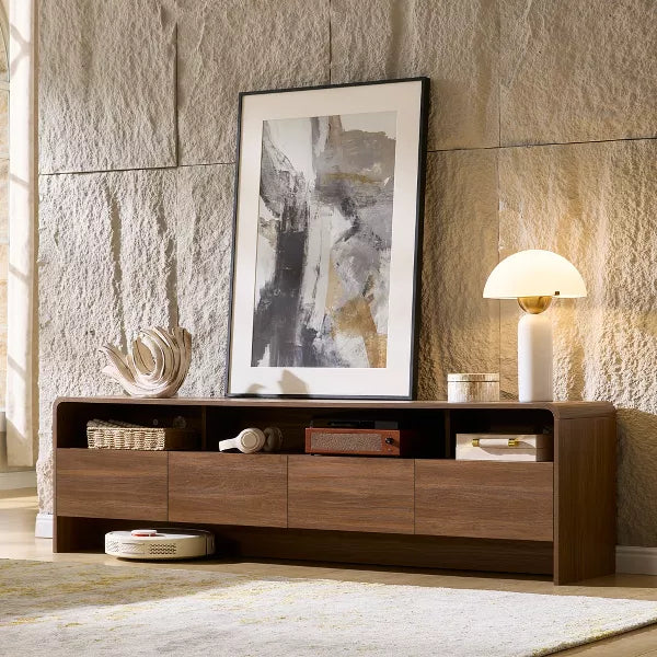 AMERLIFE 70" Modern Wood TV Stand with Curved Design & 2 Storage Cabinets, for TVs Up to 80", Media Console Entertainment Center for Living Room
