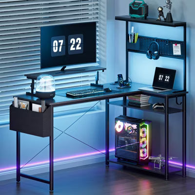 42 Inch Gaming Desk, L-Shaped Computer Desk with LED Lights, Monitor Stand, Power Outlets and Storage Drawer