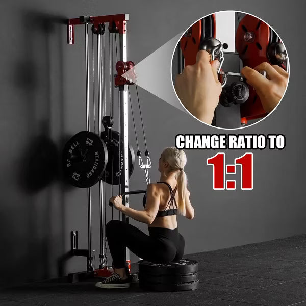 ER KANG Cable Station Wall Mount, Cable Machine with Dual Pulley System, LAT Pull-Down & LAT Row LAT Tower, Home Gym Cable Crossover(Red)
