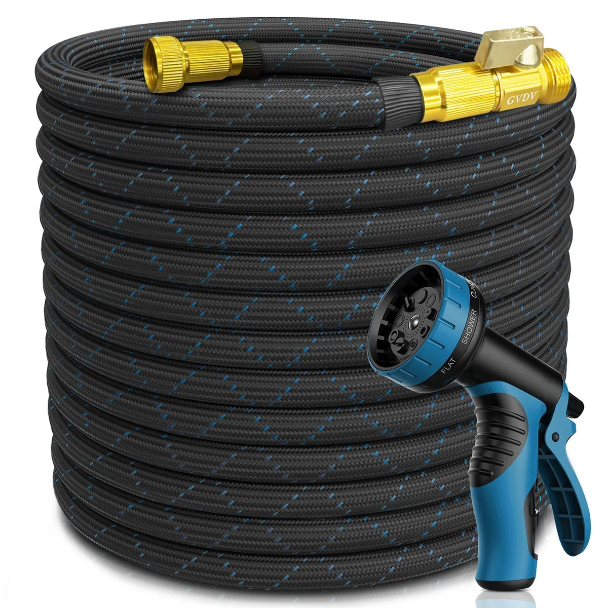 GVDV 100 Ft Garden Hose  Durable Fabric Skin Water Hose with 10 Way Spray Nozzle, Explosion Proof, Perfect for Commercial  Residential