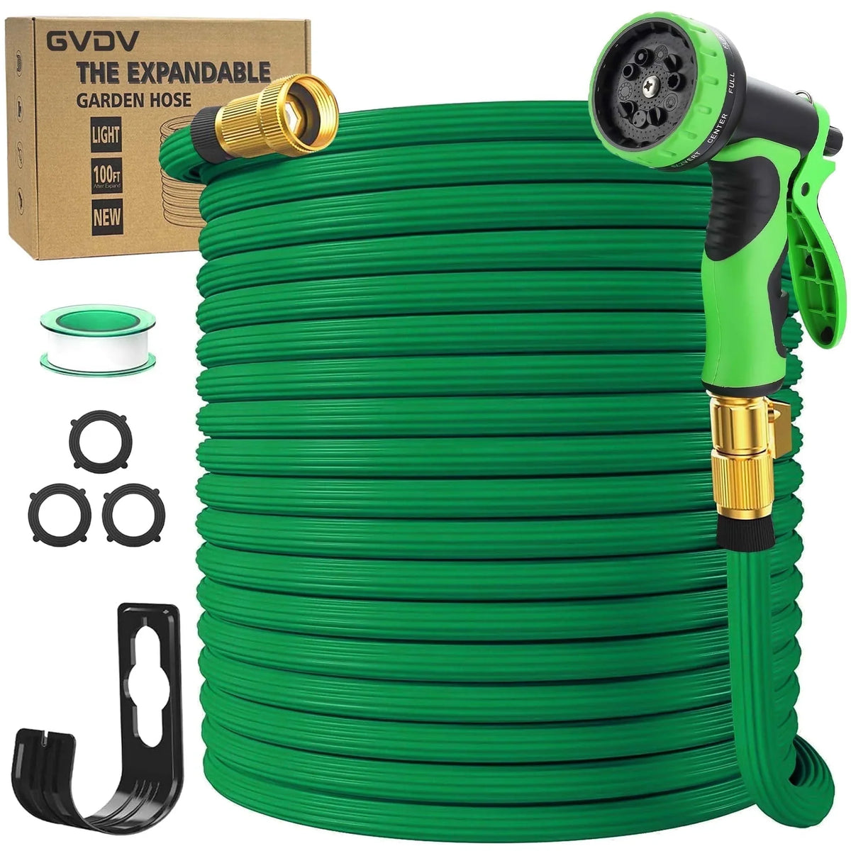 GVDV Garden Hose, 5/8 x 100ft Expandable Water Hose with Spray Nozzle, No Kink, Heavy Duty, 190Psi