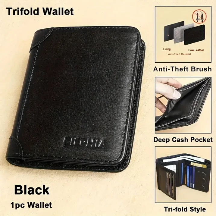 Genuine Leather Rfid Wallets For Men Vintage Thin Short Multi Function ID Credit Card Holder Money Bag Give Gifts To Men On Valentine's Day