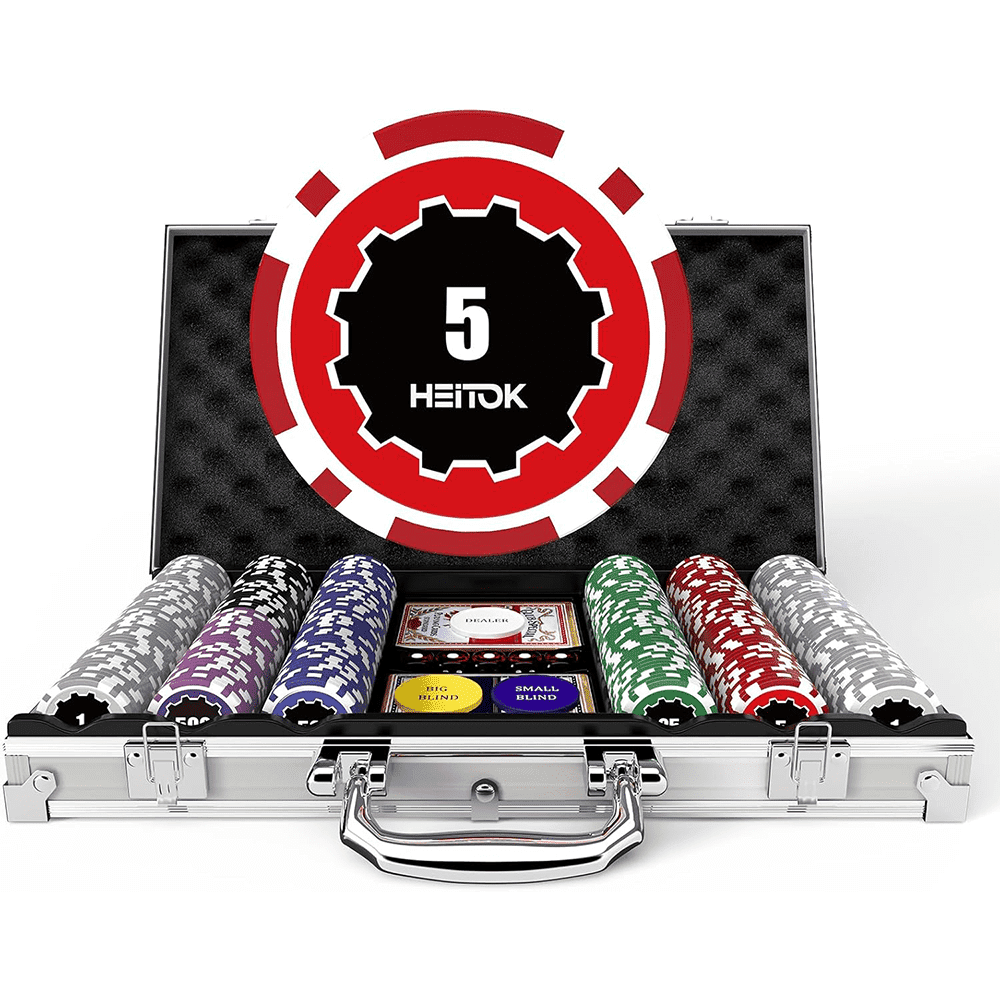 HEITOK 300 Piece Poker Chips Set with Denominations 11.5g Weighted Chips, Includes 5 Dice 2 Card Decks in Durable Aluminum Case for Poker Nights Card Games