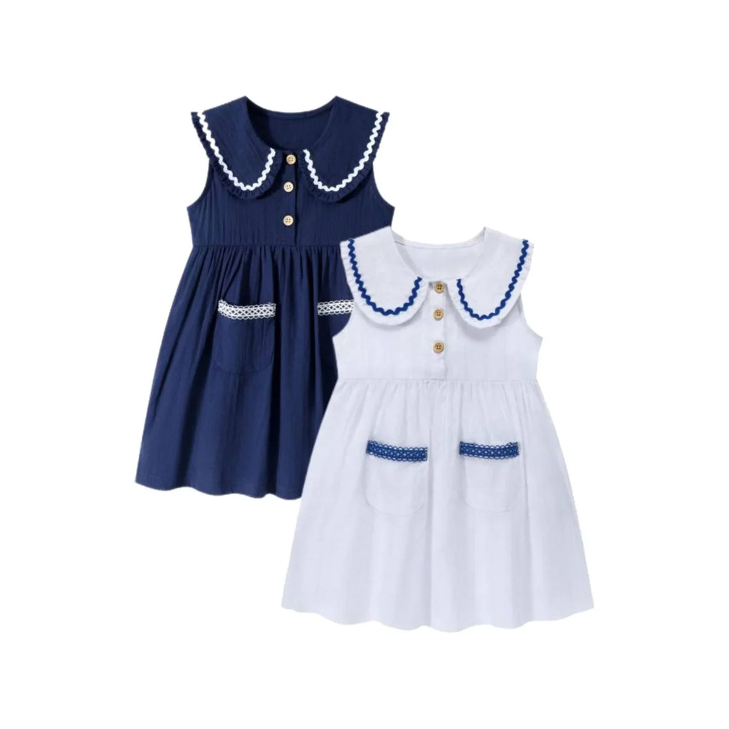 HILEELANG Baby Girl Easter Peter Pan Collar Dress Sleeveless Cotton Casual White Navy Beach Playwear Sundress 2 Packs 2T