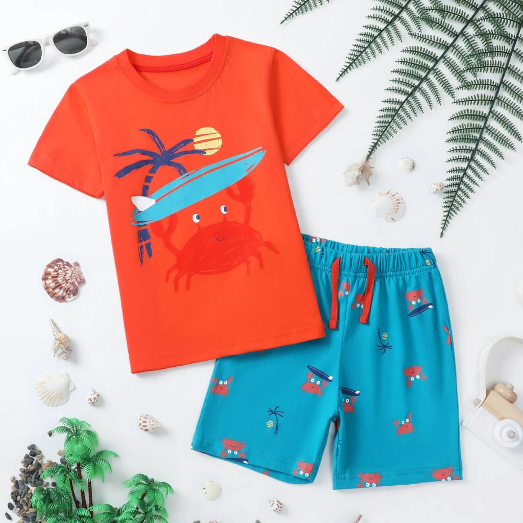 HILEELANG Toddler Boy Summer Short Clothes Sets Outfits Easter Cotton Orange Crab Shirts Shorts Playwear 2T