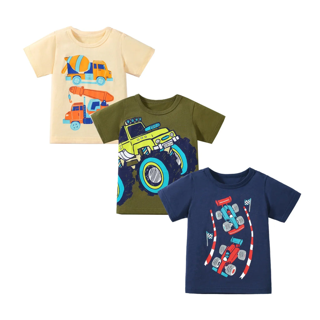 HILEELANG Toddler Boys' Short Sleeve Tees Easter Cotton Casual Excavator Truck Crewneck Summer Top T-Shirts Blue Green 3 Packs Sets 2T