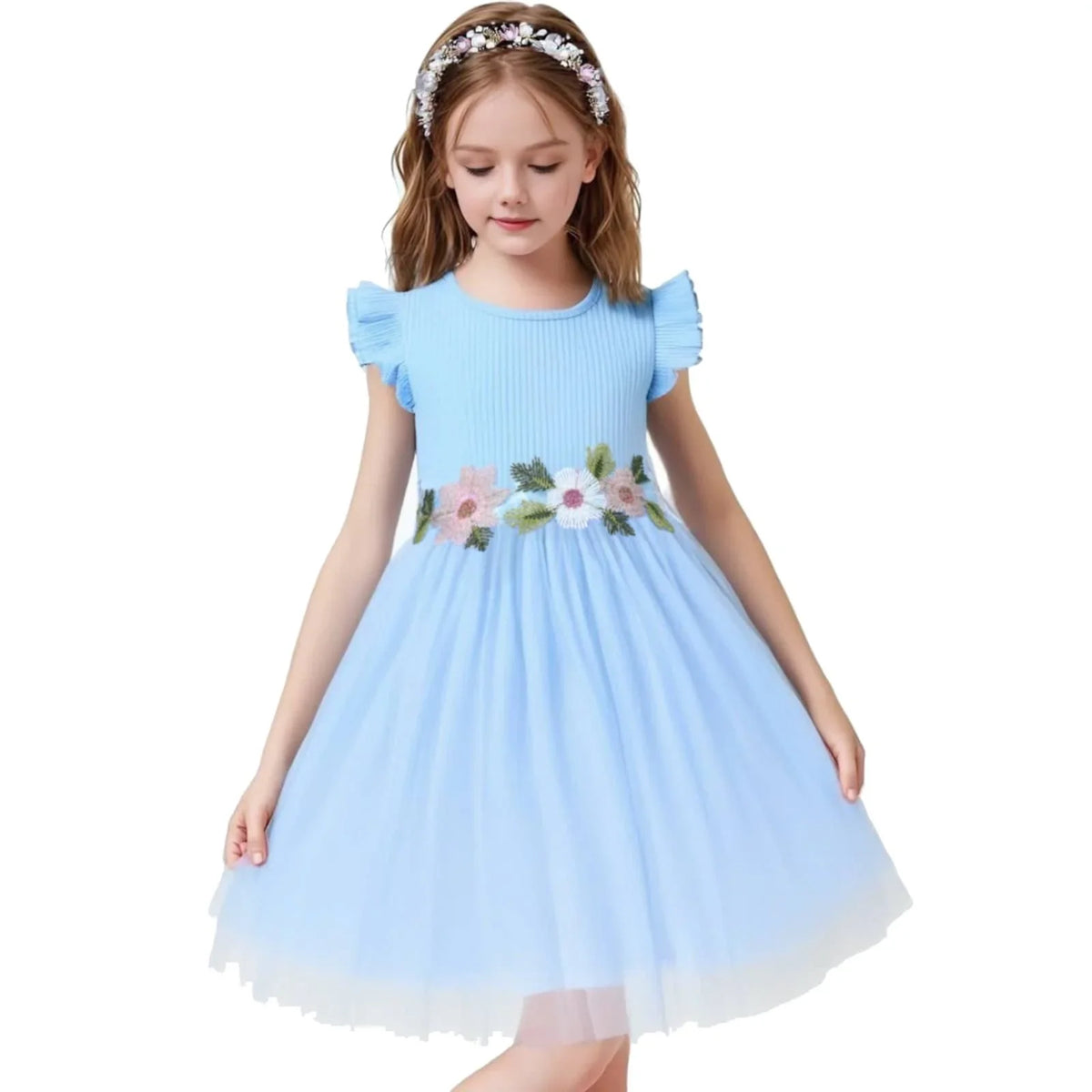 HILEELANG Toddler Flower Girl Tulle Tutu Dress Easter Light Blue Ribbed Cotton Flutter Sleeves Birthday Wedding Party Princess Dresses 2T