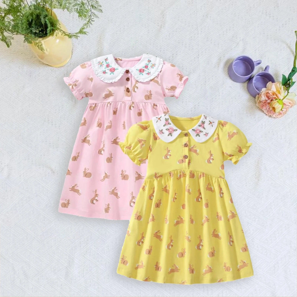HILEELANG Toddler Girls Easter Short Sleeve Peter Pan Collar Dress Spring Summer Cotton Casual Pink Yellow Bunny Printed Jersey Shirt Dresses 2 Packs 2T