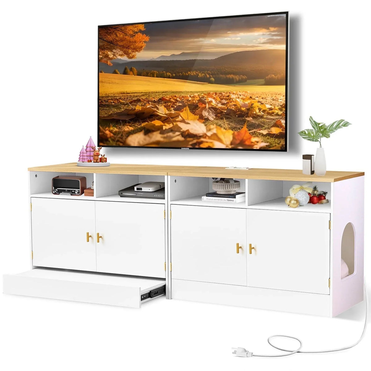 JanflyHome Cat Litter Box Enclosure, TV Stand for 55-75 inch TV, Power Outlet, Pan Litter Box, White