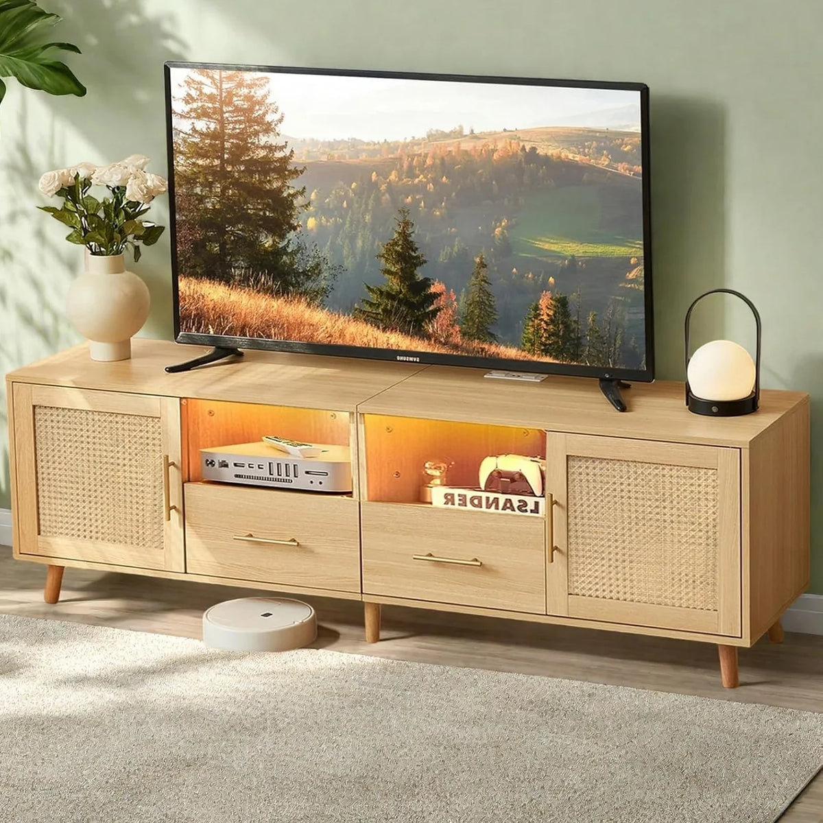 JanflyHome TV Stand for 75in TV, Rattan Boho Entertainment Center with Adjustable LED Light, Power Outlet, Wood