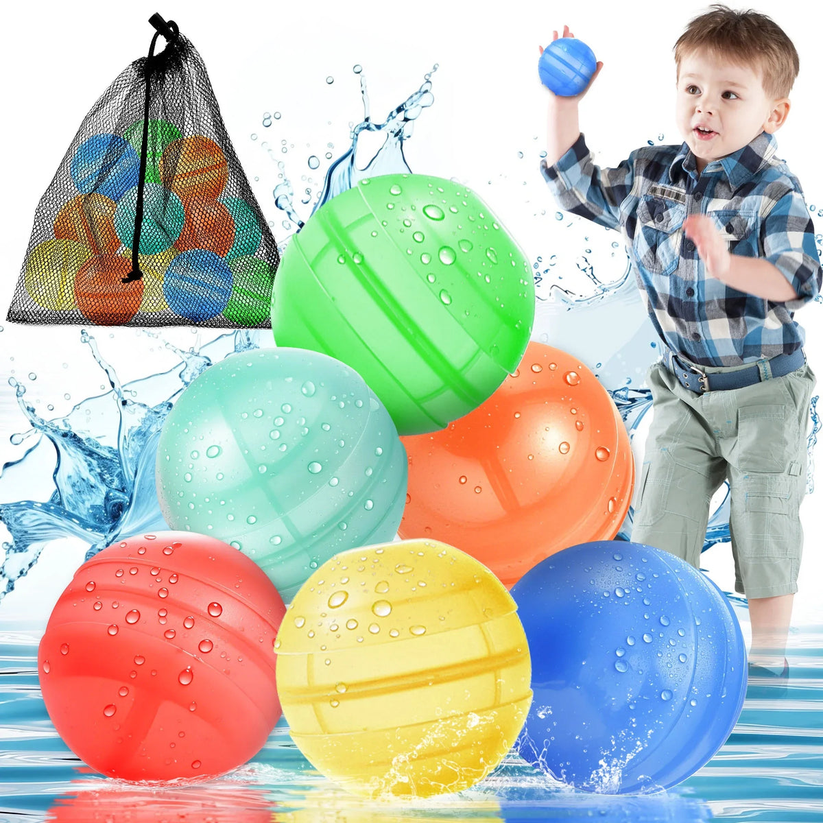 6 Packs Safer Auto-fill Water Ballons Reusable, Quick Fill Silicone Splash Balls for Kids Pool Beach Garden Fun Summer Play, Mesh Bag Included