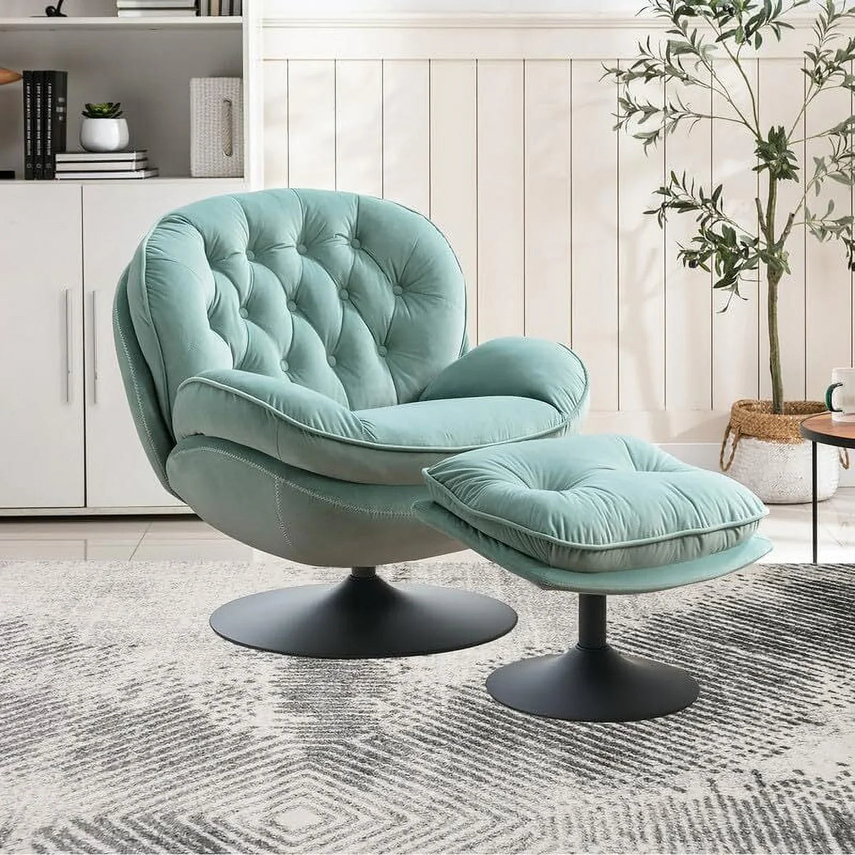 Othniel Teal Velvet Swivel Accent Chair with Ottoman, Round Reading Chair Foot Stool Set, for Living Room, Bedroom