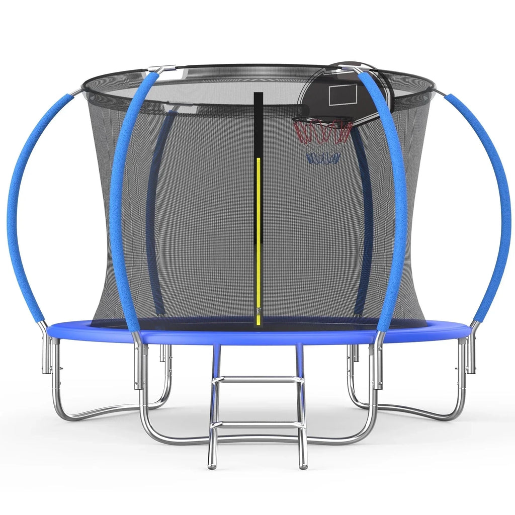 Ovatoys 800LBS 8FT Trampoline for 5 6 Kids ,Trampoline with Safety Enclosure Net,Basketball Hoop and Ladder, Easy Assembly Round Outdoor Recreational Trampoline,Age (3-10)