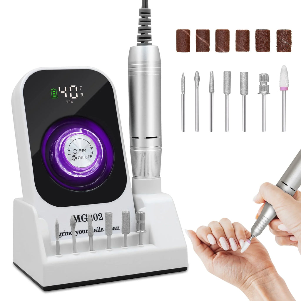 Sentryse Electric Nail Drill 40000RPM Professional Electric File Rechargeable Nail Drill Machine with LCD Display  Base  7 Bits for Salon Manicures