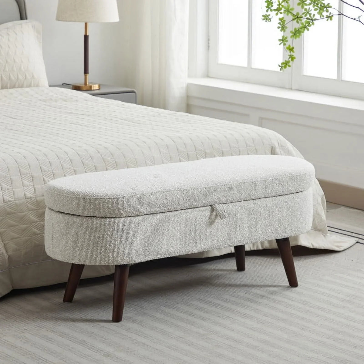 Othniel 44" Beige Boucle Storage Ottoman Bench for Living Room Bedroom Oval Footrest Wood Legs