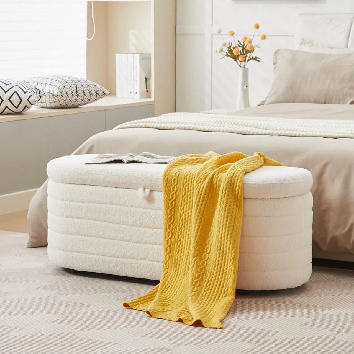 Othniel 45x16.5 Inch White Teddy Storage Ottoman Bench,Oval Footrest with Anti-Slip Legs