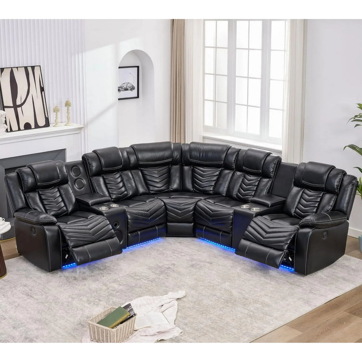 Othniel Power Reclining Sectional Couch with Bass Speaker Ambient Light USB Port,Cup Holder Black