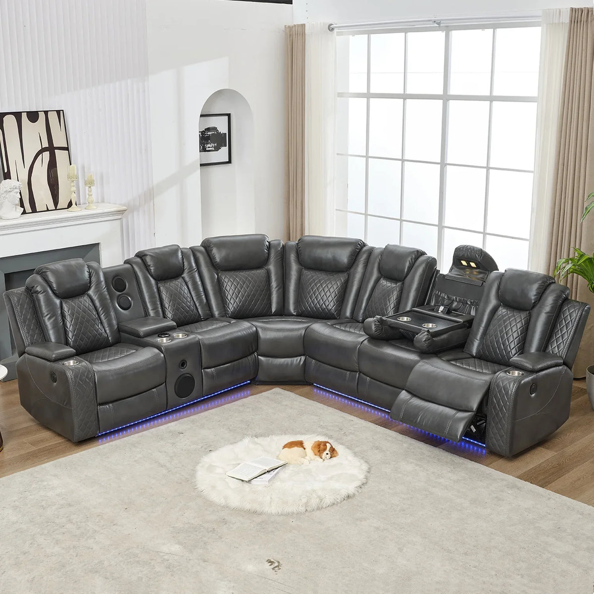 Othniel Power Reclining Sectional Couch with Bass Speaker,Wireless Charger,LED/Reading Light Gray