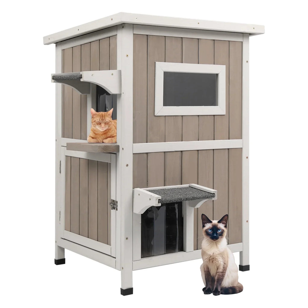 PETSCOSSET Outdoor Cat House, Two-Story Feral Cat Shelter with Asphalt Roof